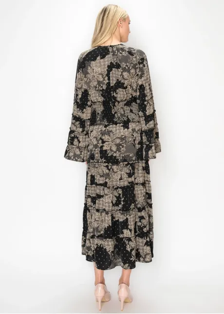 Black Lace Print Tiered Ankle Dress