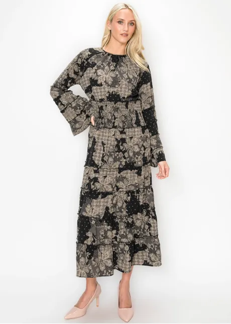 Black Lace Print Tiered Ankle Dress