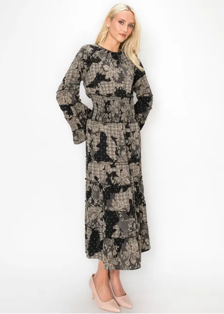 Black Lace Print Tiered Ankle Dress