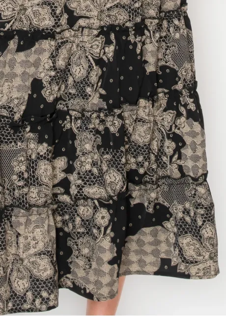 Black Lace Print Tiered Ankle Dress