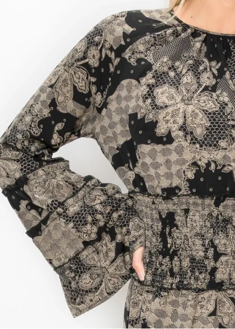 Black Lace Print Tiered Ankle Dress
