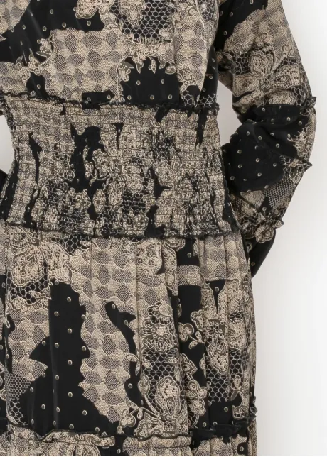 Black Lace Print Tiered Ankle Dress