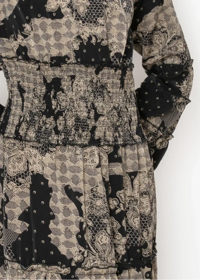 Black Lace Print Tiered Ankle Dress
