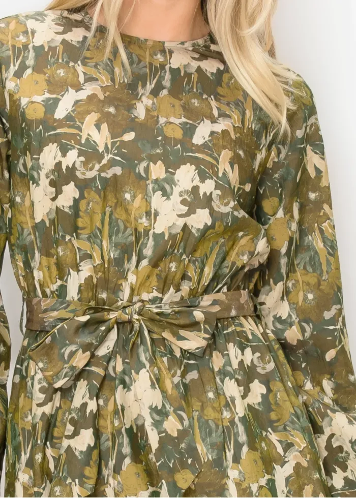 Olive Floral Cotton Ankle Dress