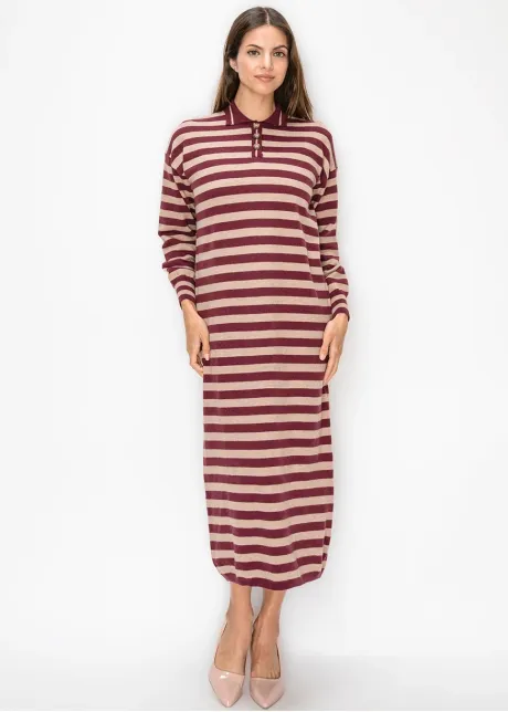 Striped Knit Polo Dress in Burgundy