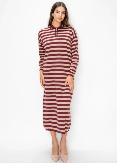 Striped Knit Polo Dress in Burgundy