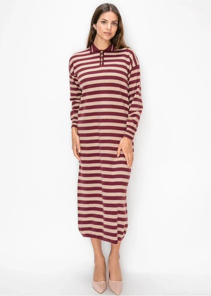 Striped Knit Polo Dress in Burgundy