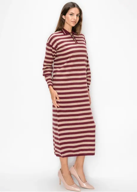 Striped Knit Polo Dress in Burgundy