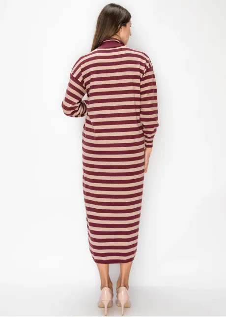 Striped Knit Polo Dress in Burgundy