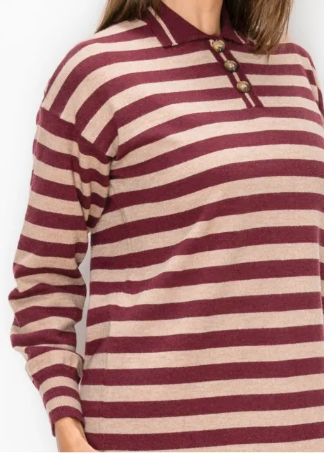 Striped Knit Polo Dress in Burgundy
