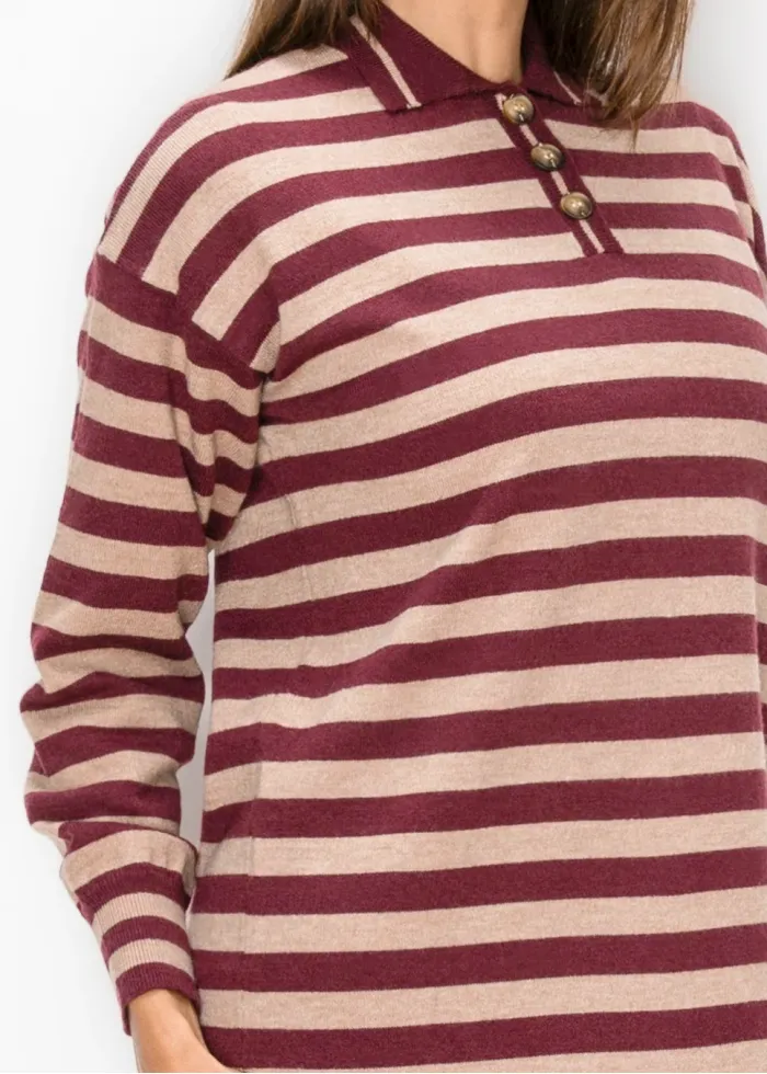Striped Knit Polo Dress in Burgundy