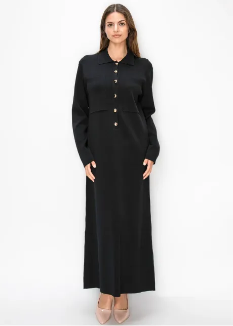 Black Knit Dress with Gold Buttons