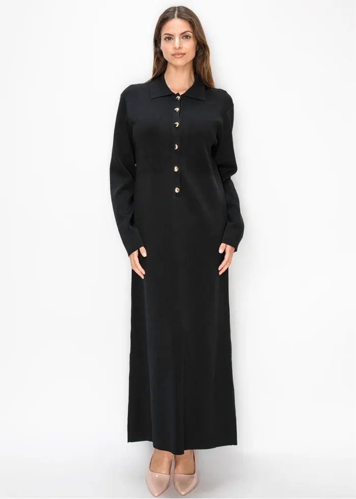 Black Knit Dress with Gold Buttons