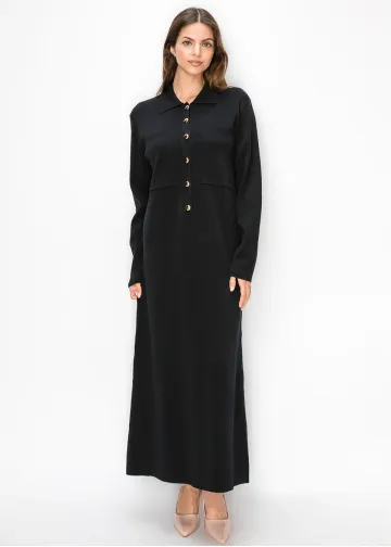 Black Knit Dress with Gold Buttons
