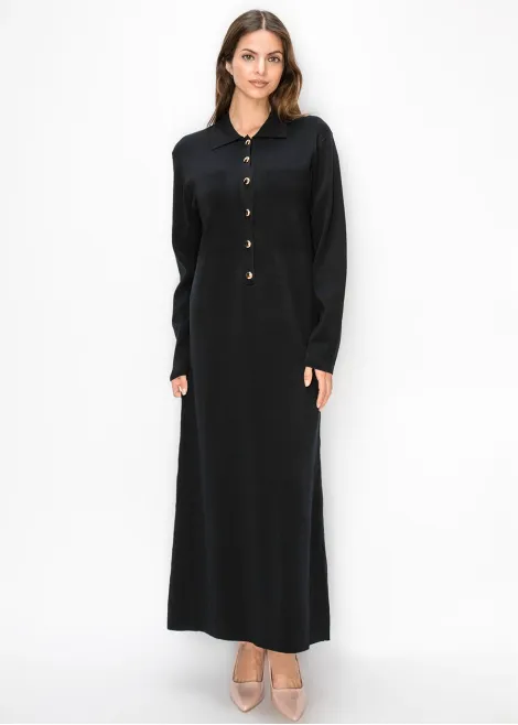 Black Knit Dress with Gold Buttons