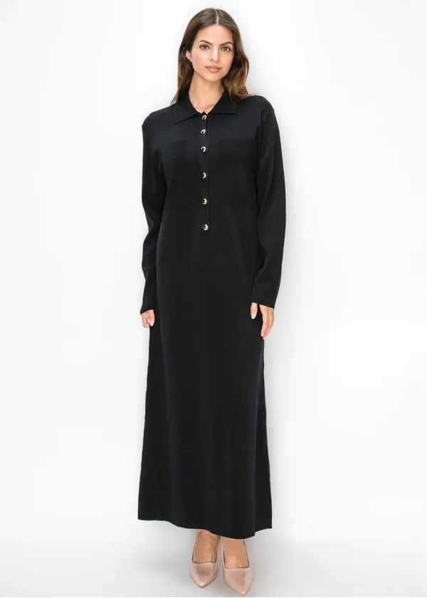Black Knit Dress with Gold Buttons