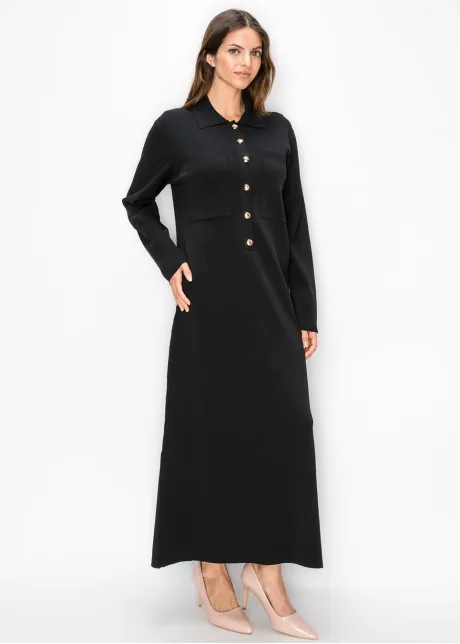 Black Knit Dress with Gold Buttons