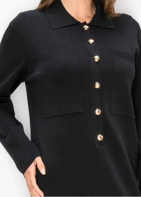 Black Knit Dress with Gold Buttons