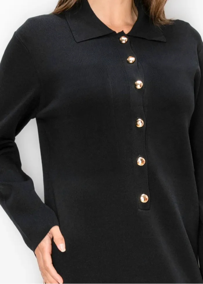 Black Knit Dress with Gold Buttons