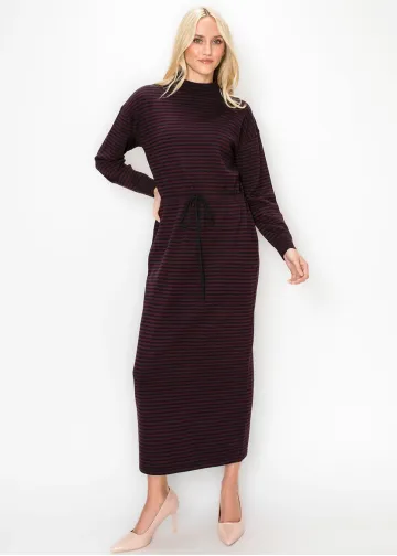 Burgundy and Black Striped Knit Dress