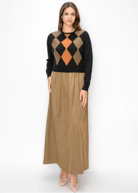 Diamond Applique Knit Two Tone Dress