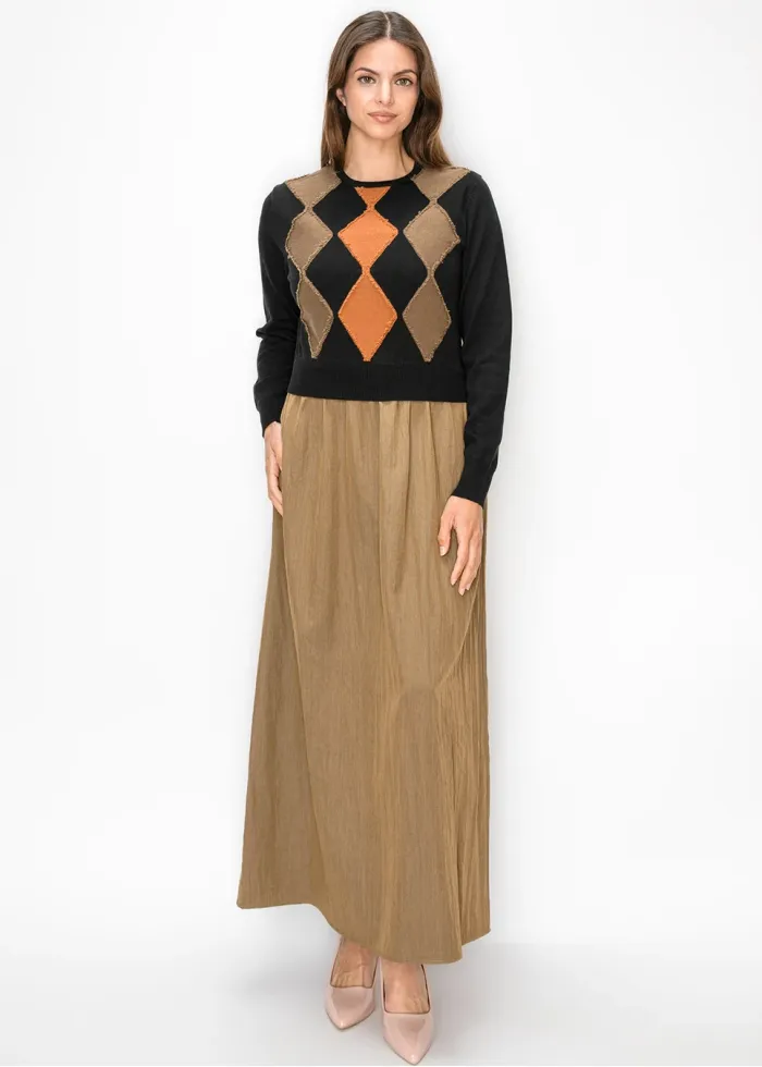 Diamond Applique Knit Two Tone Dress