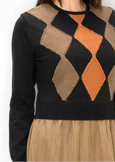 Diamond Applique Knit Two Tone Dress