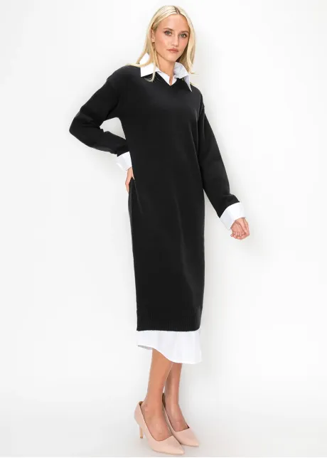 Layered Look Knit Midi Dress in Black