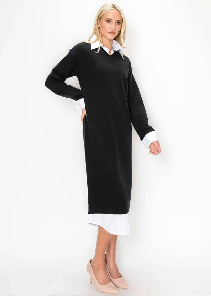 Layered Look Knit Midi Dress in Black