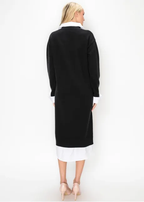 Layered Look Knit Midi Dress in Black
