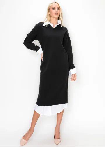 Layered Look Knit Midi Dress in Black