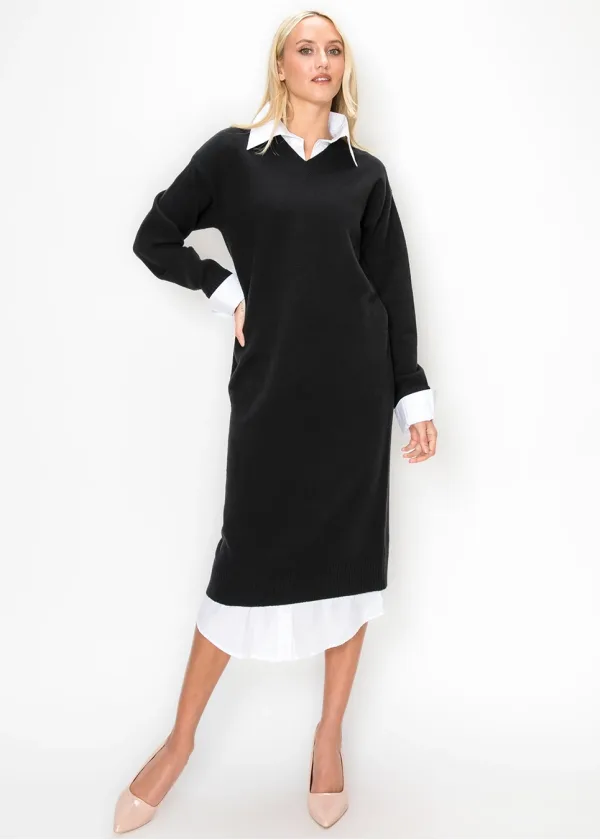 Layered Look Knit Midi Dress in Black