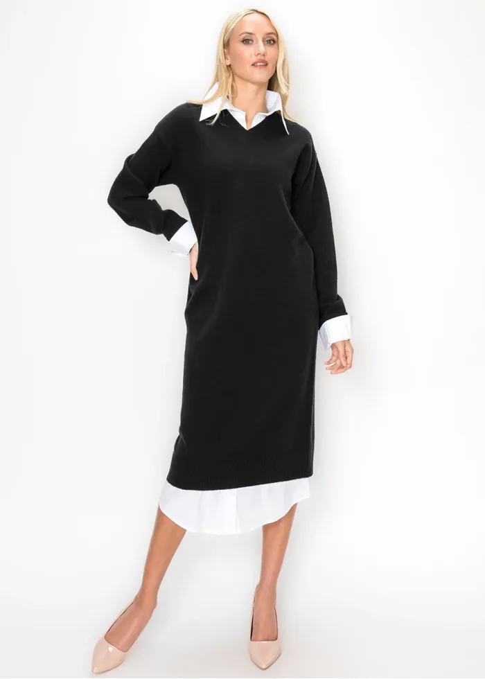 Layered Look Knit Midi Dress in Black