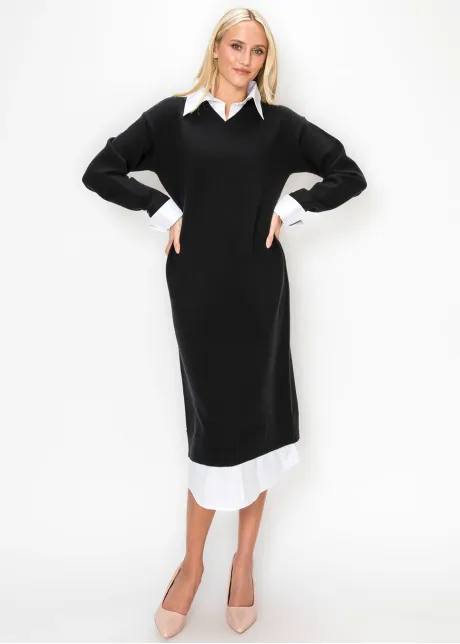 Layered Look Knit Midi Dress in Black