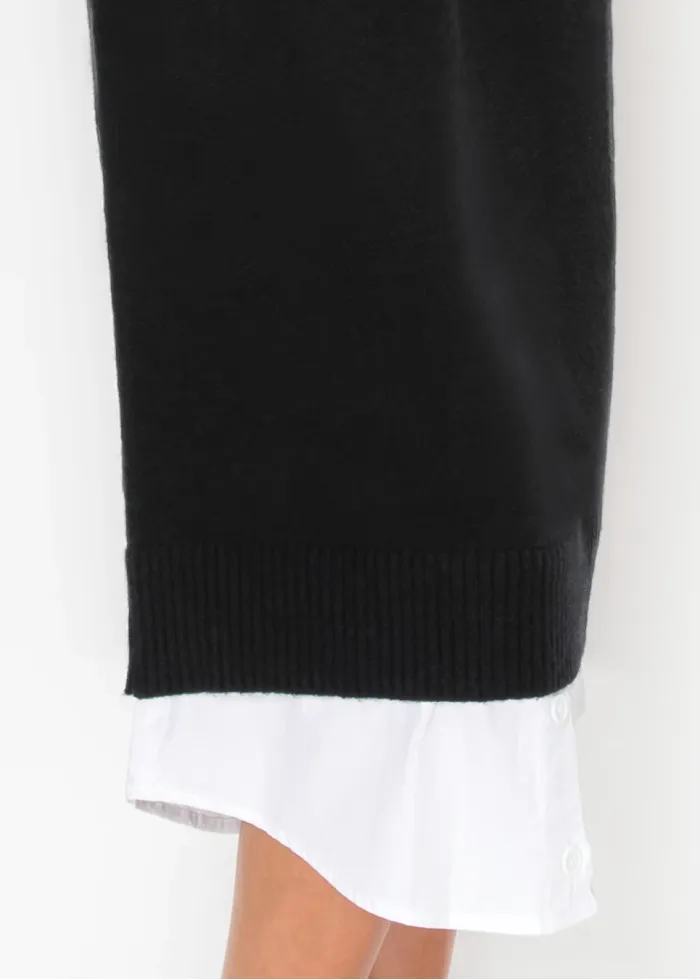 Layered Look Knit Midi Dress in Black