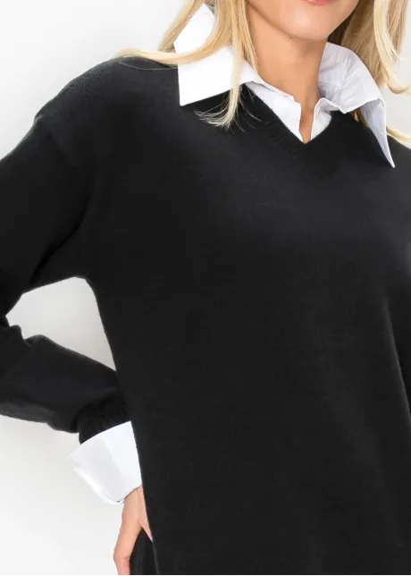 Layered Look Knit Midi Dress in Black