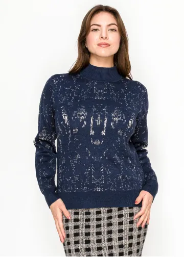 Two-Tone Jacquard Knit Top in Navy