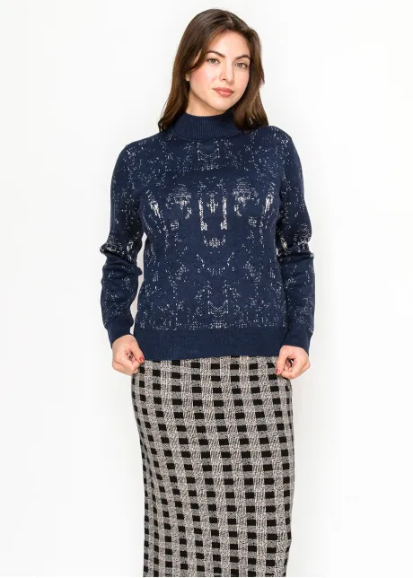 Two-Tone Jacquard Knit Top in Navy