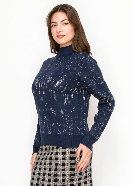 Two-Tone Jacquard Knit Top in Navy