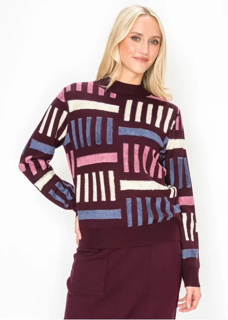 Geometric Textured Knit Sweater in Burgundy