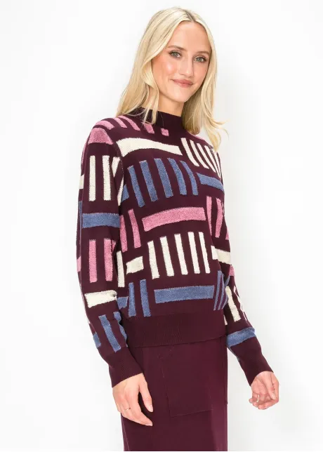 Geometric Textured Knit Sweater in Burgundy