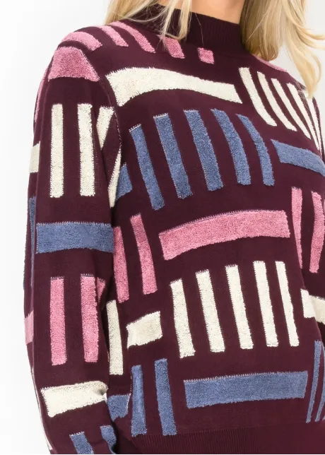 Geometric Textured Knit Sweater in Burgundy