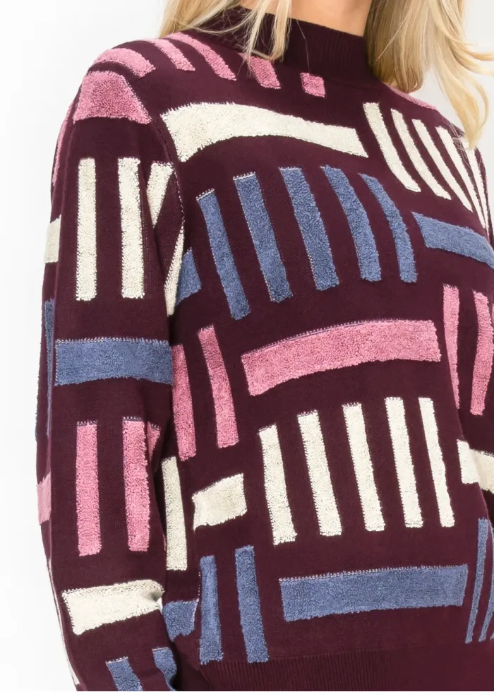 Geometric Textured Knit Sweater in Burgundy