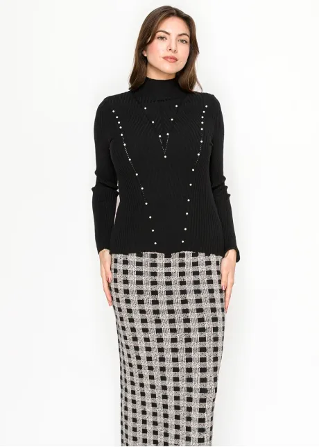 Pearl Detail Ribbed Mock Neck Sweater