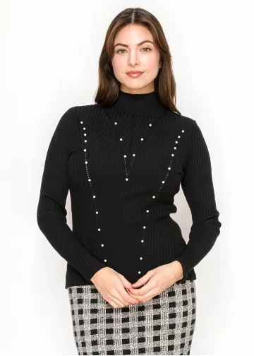 Pearl Detail Ribbed Mock Neck Sweater