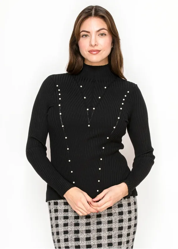 Pearl Detail Ribbed Mock Neck Sweater