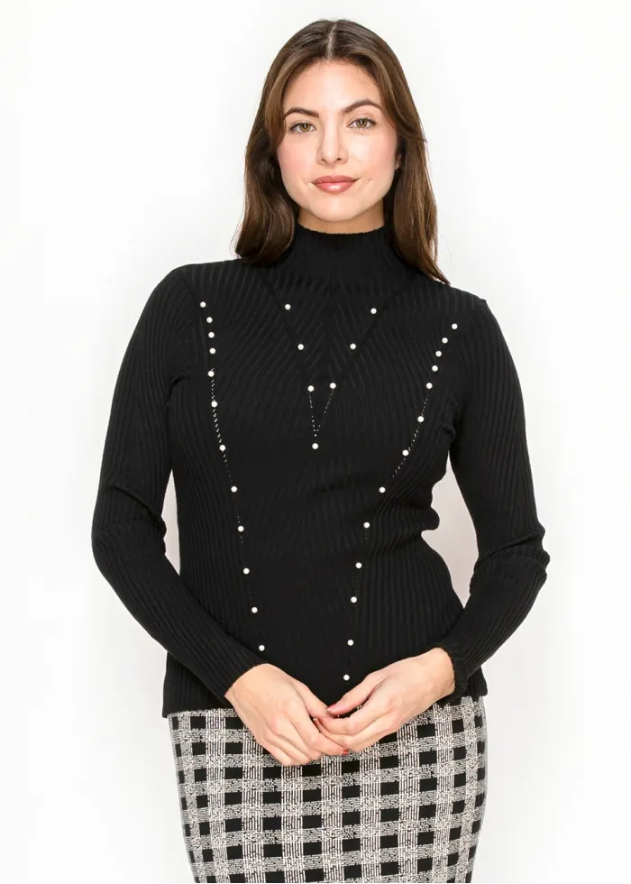 Pearl Detail Ribbed Mock Neck Sweater