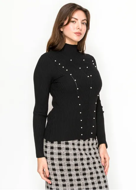 Pearl Detail Ribbed Mock Neck Sweater