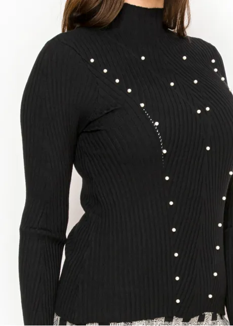 Pearl Detail Ribbed Mock Neck Sweater