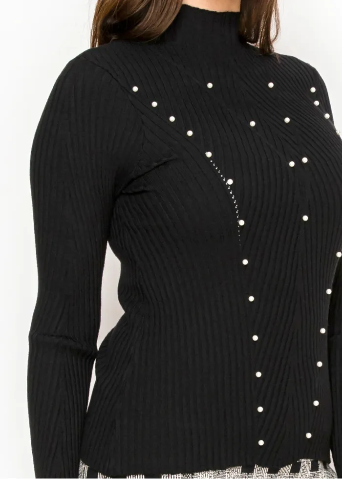 Pearl Detail Ribbed Mock Neck Sweater